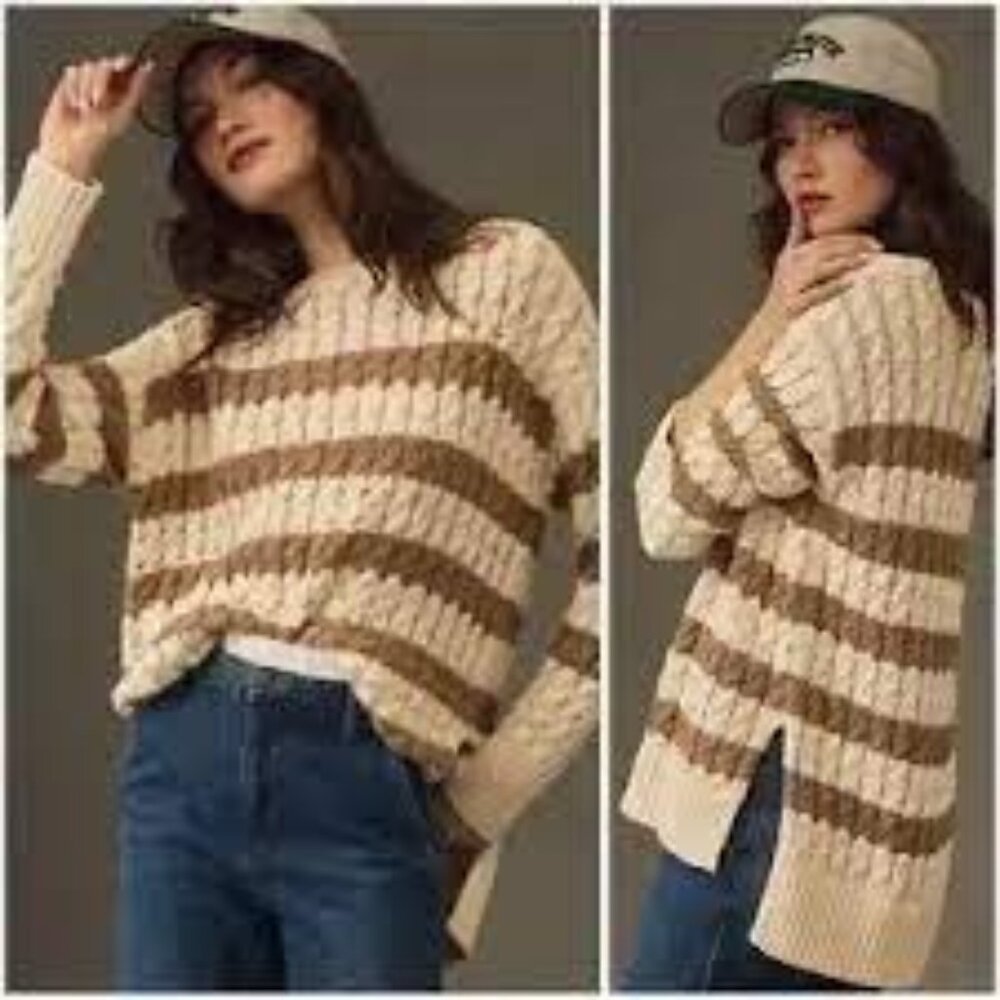 Anthropologie Pilcro Cable Knit Longline Tunic Sweater Recycled Cotton Blend XL